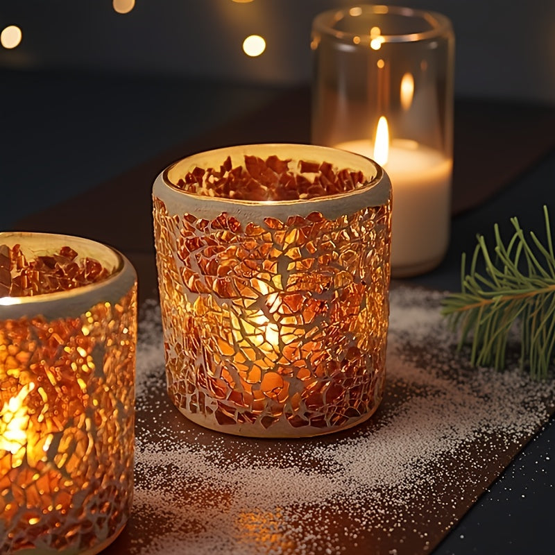 Photophore Élégant en Verre Ambré, Design Mosaïque sur Pied – Idéal pour une Déco Romantique, Dîners aux Chandelles et Cadeaux Festifs