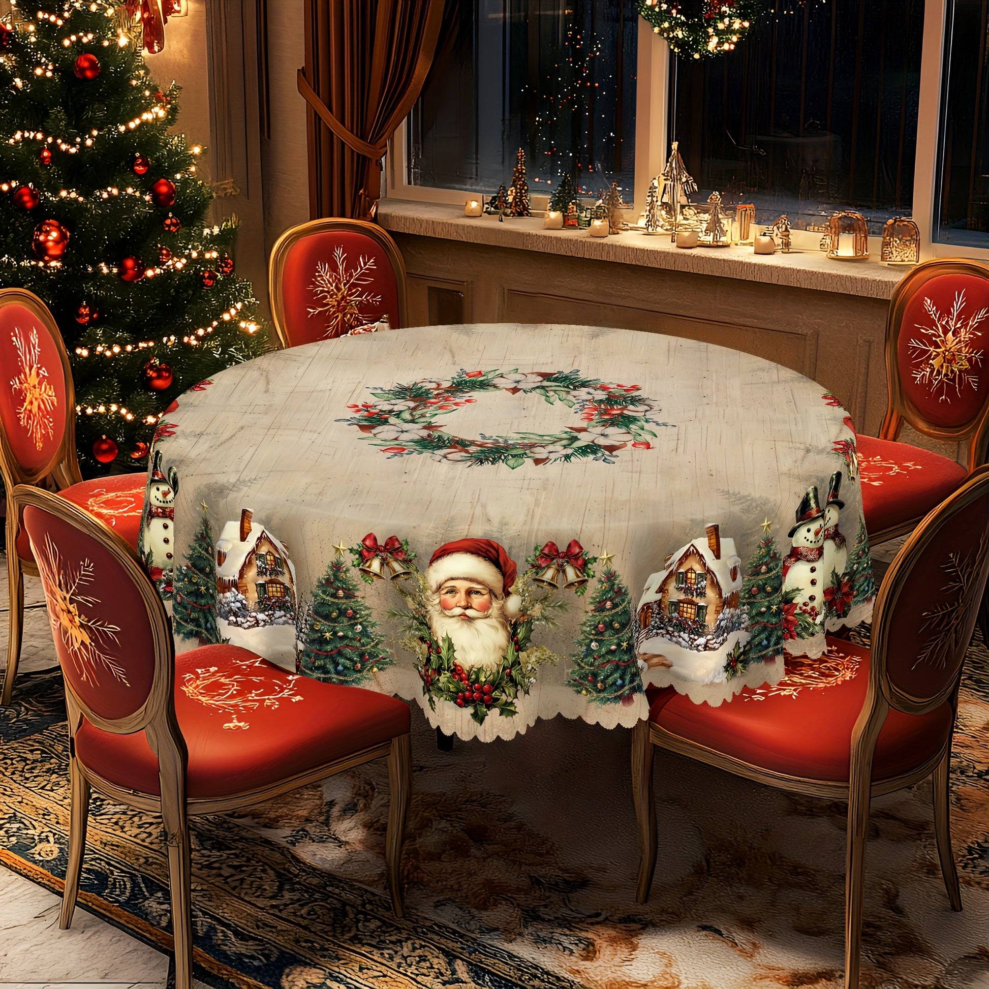 Nappe en polyester, motif bois rétro, thème Noël avec Père Noël et fleurs
