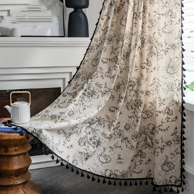 Panneau de Rideau à Poche pour Tringle de Style Victorien avec Imprimé Rose & Lin