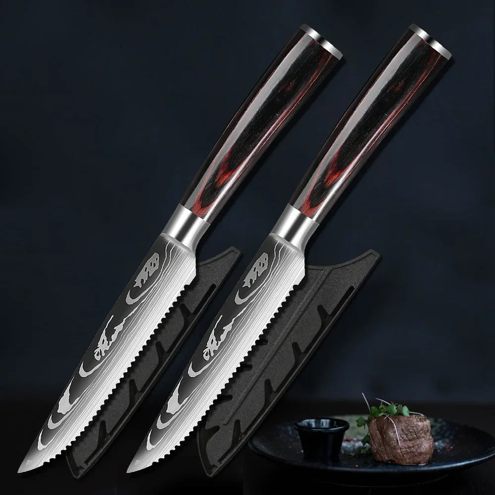 Ensemble de couteaux à steak en acier inoxydable Damas, couteau à découper la viande type couperet, parfait pour les restaurants occidentaux et les repas.