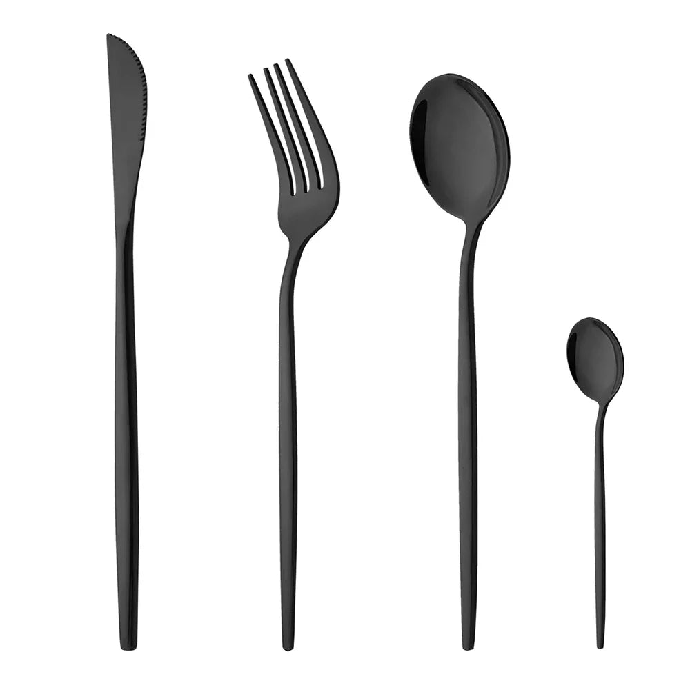 4/6/12/16/24Pcs Set de vaisselle et couverts noirs, comprenant fourchette, couteau, et petite cuillère, ensemble complet pour cuisine en acier inoxydable