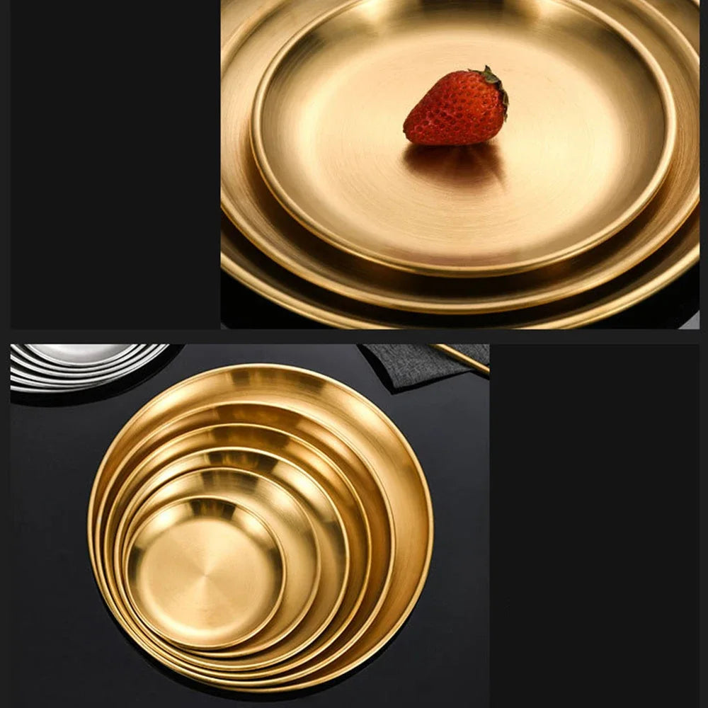 Assiette ronde en acier inoxydable, plateau peu profond, antirouille, idéale pour camping, barbecue, pique-nique, vaisselle et ustensiles de cuisine