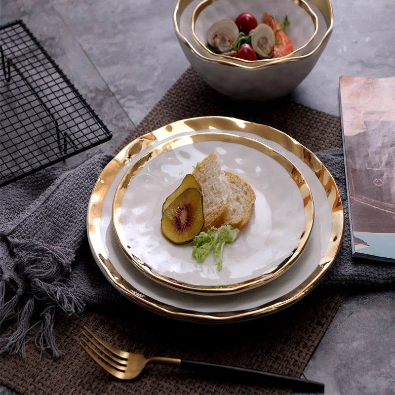 Assiette à steak, assiette à légumes, assiette plate ronde à fruits, assiette à salade, assiette à usage domestique, style européen, en céramique plaquée or.