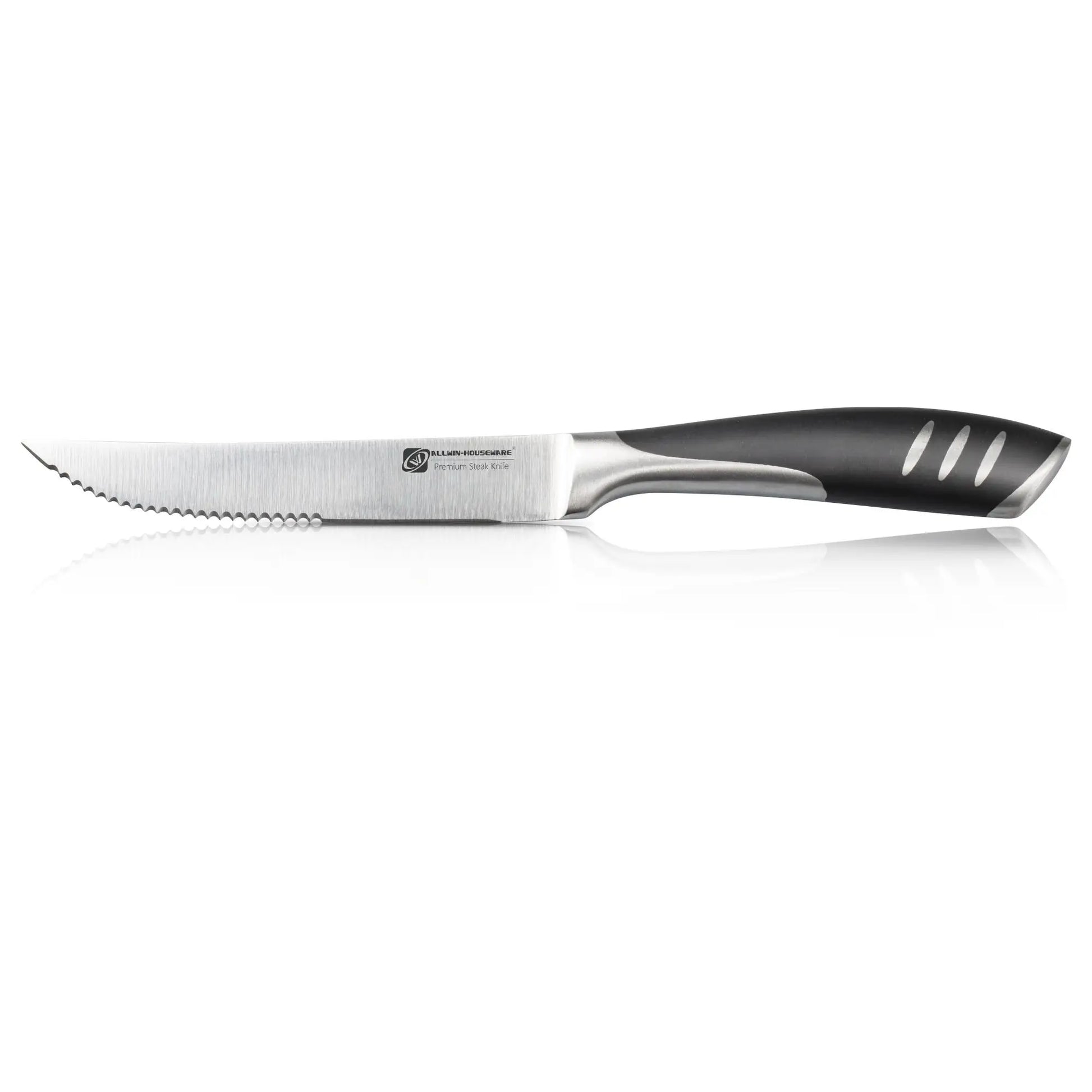 Couteau à steak à pointe fine de 5" – Ensemble de couteaux à steak tranchants, lame forgée en acier inoxydable à haute teneur en carbone, manche ergonomique en plastique noir pour la découpe.