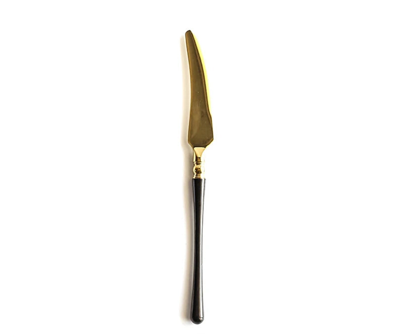 Couverts de cuisine en acier inoxydable doré , ensemble de couverts pour steak, café, dessert, vaisselle avec manche noir, couteau , fourchette et cuillère