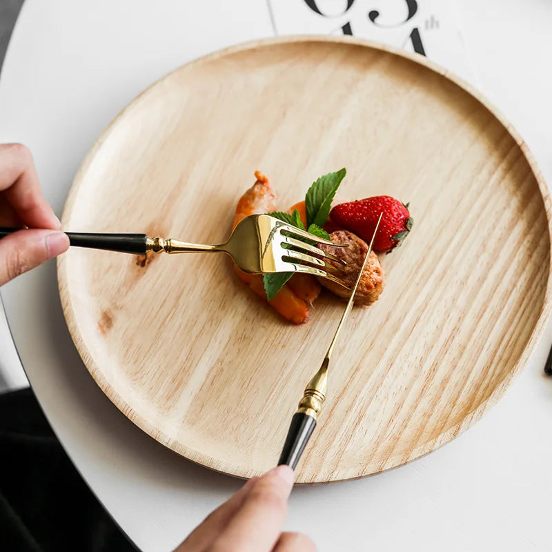 Couverts de cuisine en acier inoxydable doré , ensemble de couverts pour steak, café, dessert, vaisselle avec manche noir, couteau , fourchette et cuillère
