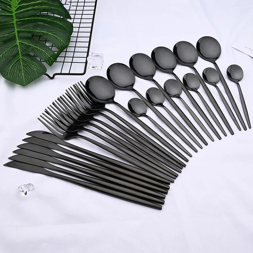 4/6/12/16/24Pcs Set de vaisselle et couverts noirs, comprenant fourchette, couteau, et petite cuillère, ensemble complet pour cuisine en acier inoxydable