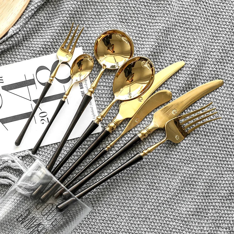 Couverts de cuisine en acier inoxydable doré , ensemble de couverts pour steak, café, dessert, vaisselle avec manche noir, couteau , fourchette et cuillère