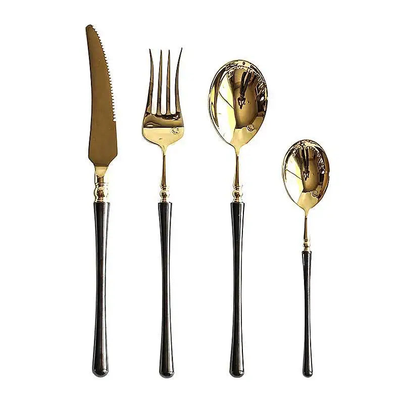 Couverts de cuisine en acier inoxydable doré , ensemble de couverts pour steak, café, dessert, vaisselle avec manche noir, couteau , fourchette et cuillère