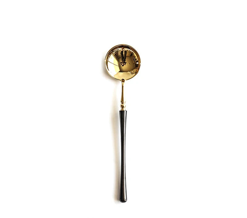 Couverts de cuisine en acier inoxydable doré , ensemble de couverts pour steak, café, dessert, vaisselle avec manche noir, couteau , fourchette et cuillère