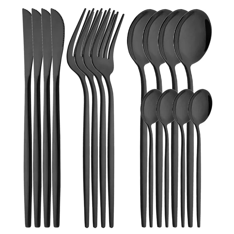 4/6/12/16/24Pcs Set de vaisselle et couverts noirs, comprenant fourchette, couteau, et petite cuillère, ensemble complet pour cuisine en acier inoxydable