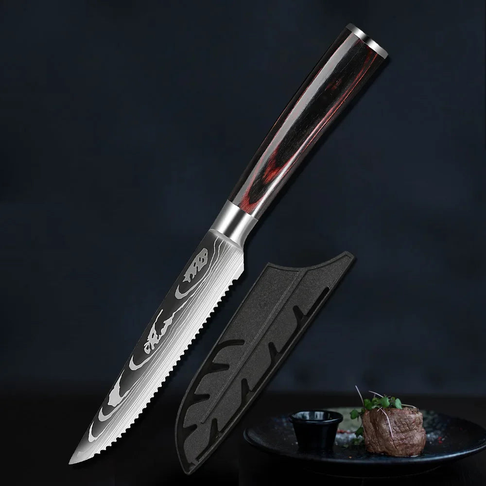 Ensemble de couteaux à steak en acier inoxydable Damas, couteau à découper la viande type couperet, parfait pour les restaurants occidentaux et les repas.