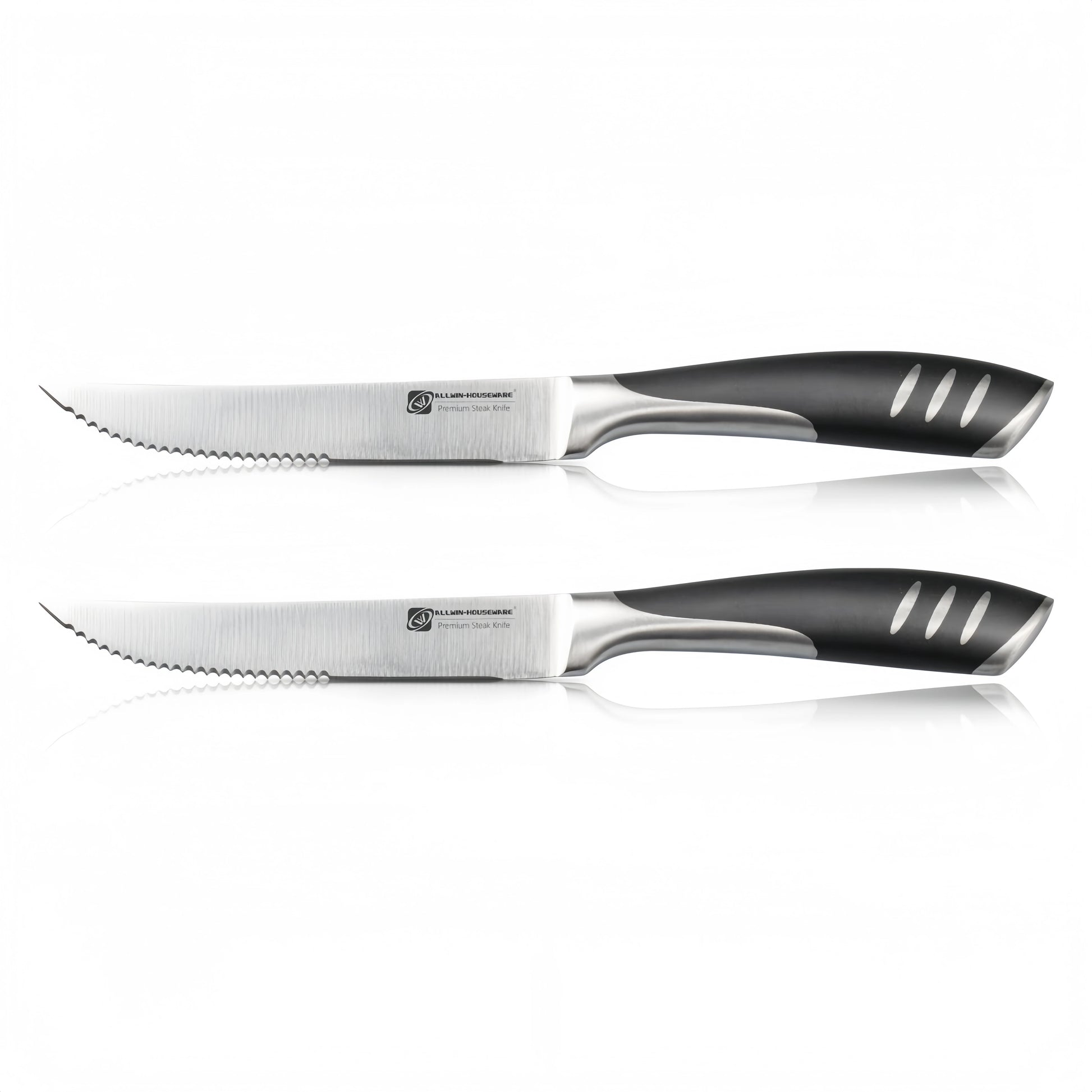 Couteau à steak à pointe fine de 5" – Ensemble de couteaux à steak tranchants, lame forgée en acier inoxydable à haute teneur en carbone, manche ergonomique en plastique noir pour la découpe.