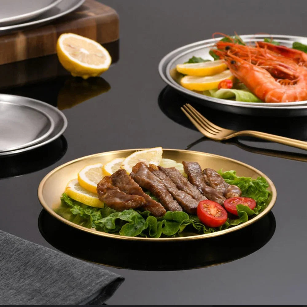Assiette ronde en acier inoxydable, plateau peu profond, antirouille, idéale pour camping, barbecue, pique-nique, vaisselle et ustensiles de cuisine