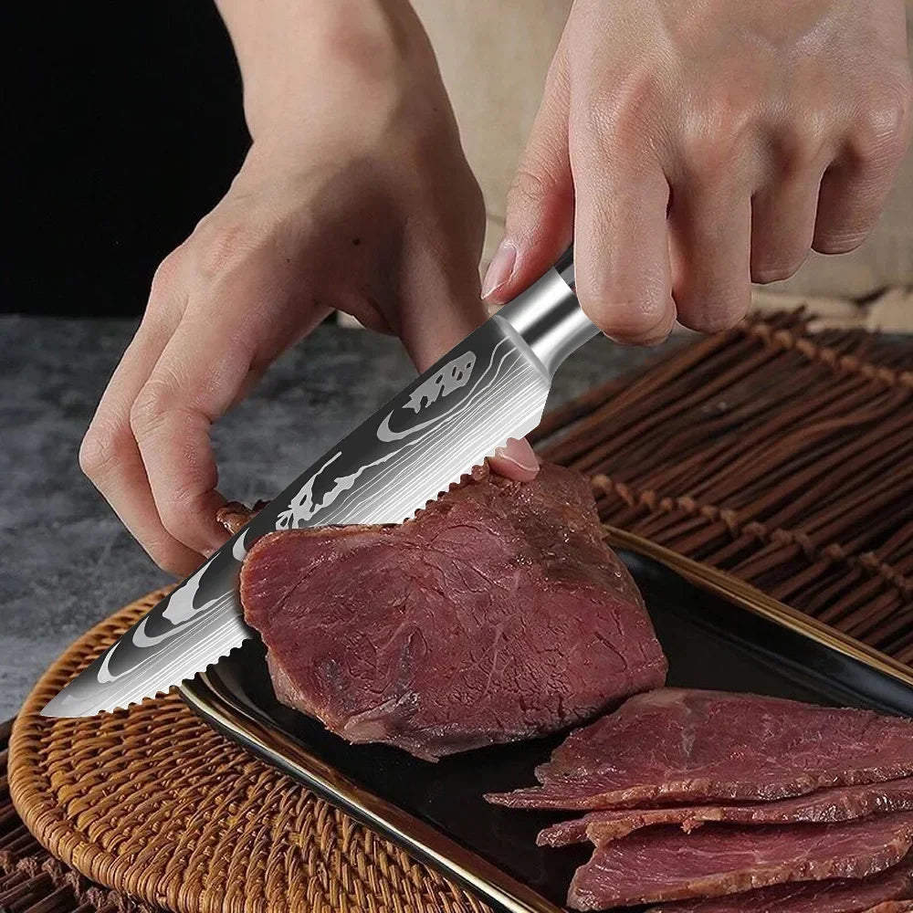 Ensemble de couteaux à steak en acier inoxydable Damas, couteau à découper la viande type couperet, parfait pour les restaurants occidentaux et les repas.