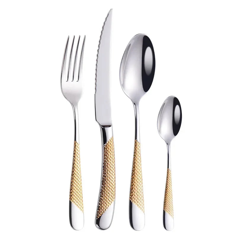 Ensemble de couverts dorés en acier inoxydable – Fourchette, cuillère, couteau – Service de table complet pour la cuisine