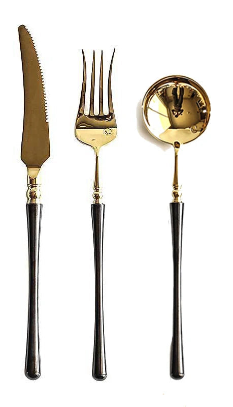 Couverts de cuisine en acier inoxydable doré , ensemble de couverts pour steak, café, dessert, vaisselle avec manche noir, couteau , fourchette et cuillère