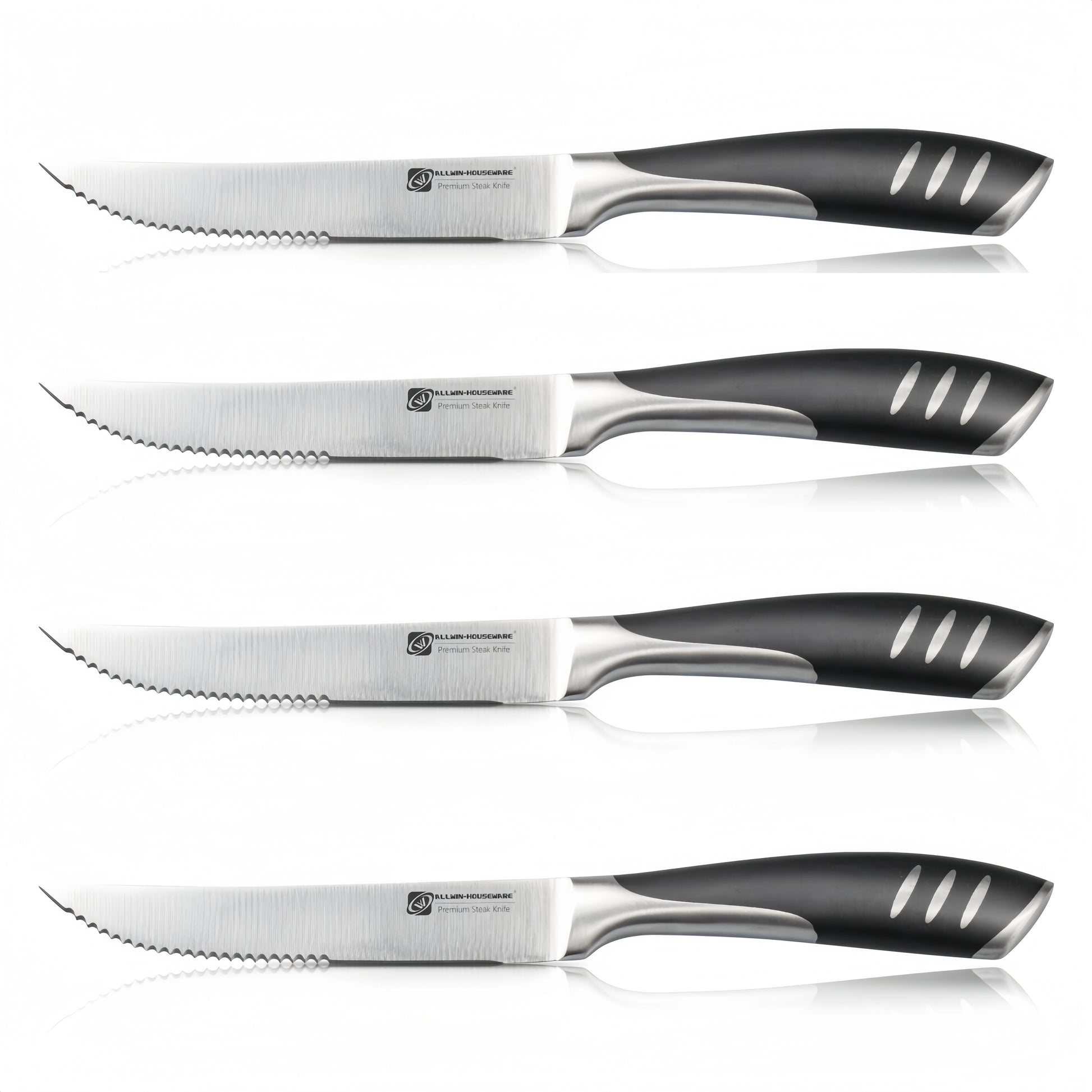 Couteau à steak à pointe fine de 5" – Ensemble de couteaux à steak tranchants, lame forgée en acier inoxydable à haute teneur en carbone, manche ergonomique en plastique noir pour la découpe.
