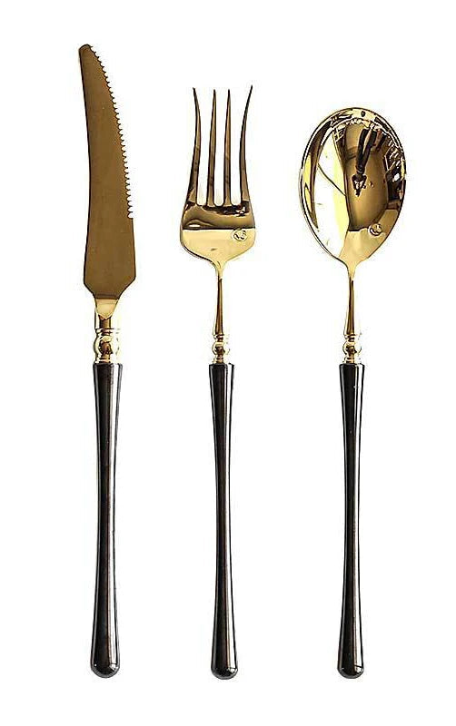 Couverts de cuisine en acier inoxydable doré , ensemble de couverts pour steak, café, dessert, vaisselle avec manche noir, couteau , fourchette et cuillère