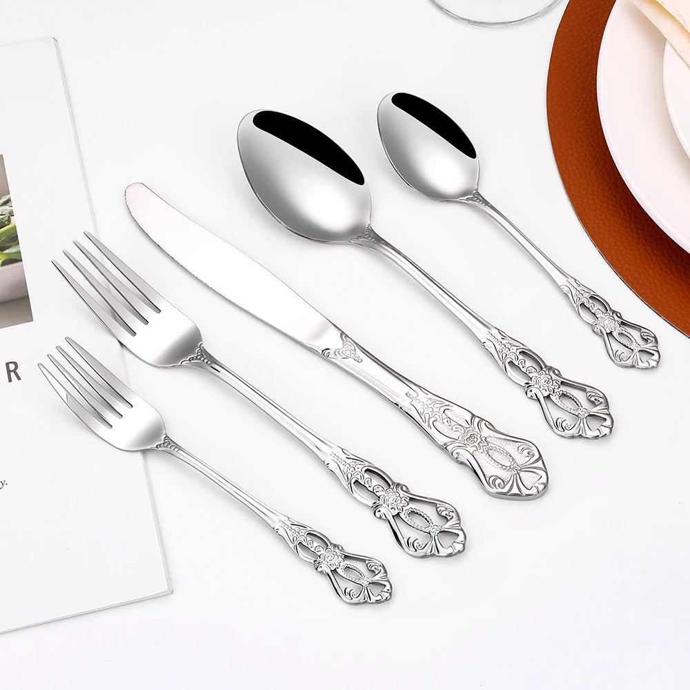 6/24/30 Pieces ensemble de couverts  en acier inoxydable, vaisselle de dîner de luxe, miroir, élégant, couteau, fourchette, cuillère.