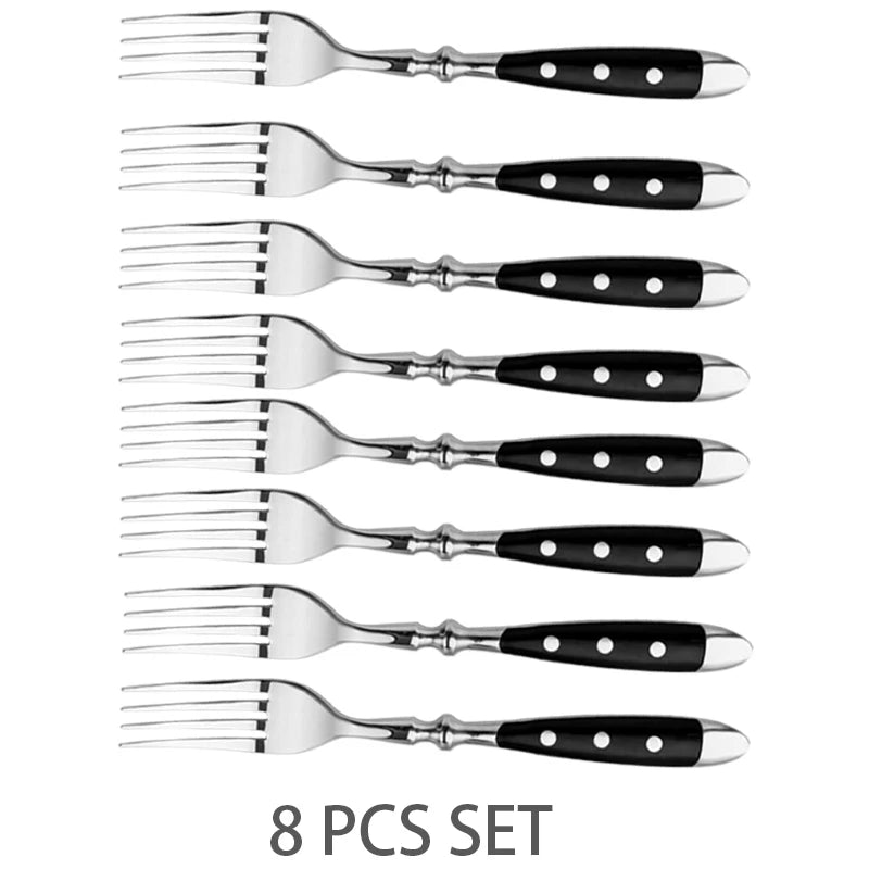 Couteau à steak à pointe fine de 5" – Ensemble de couteaux à steak tranchants, lame forgée en acier inoxydable à haute teneur en carbone, manche ergonomique en plastique noir pour la découpe.