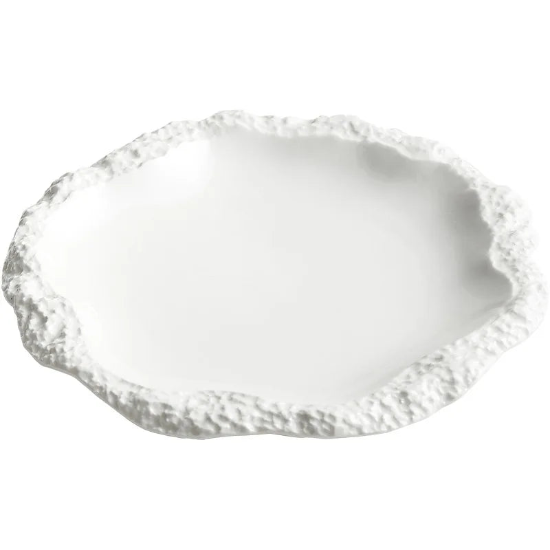 Assiette plate en céramique à motif roche, assiette à légumes, vaisselle domestique, assiette plate peu profonde, nouvelle collection 2025 pour hôtel, vaisselle au style ins, assiette à bord ondulé.
