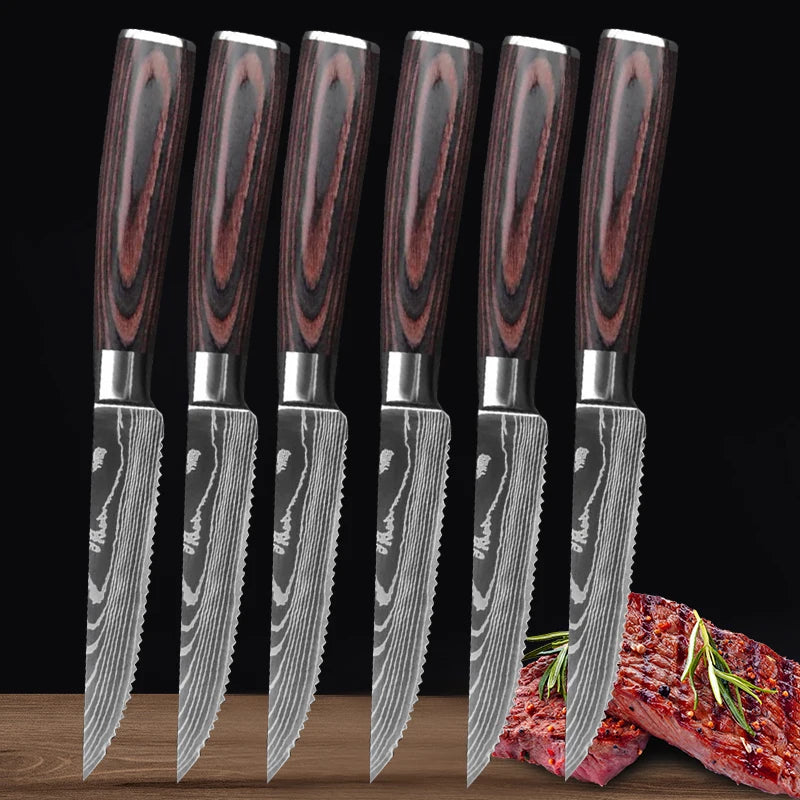 Ensemble de couteaux à steak en acier inoxydable Damas, couteau à découper la viande type couperet, parfait pour les restaurants occidentaux et les repas.