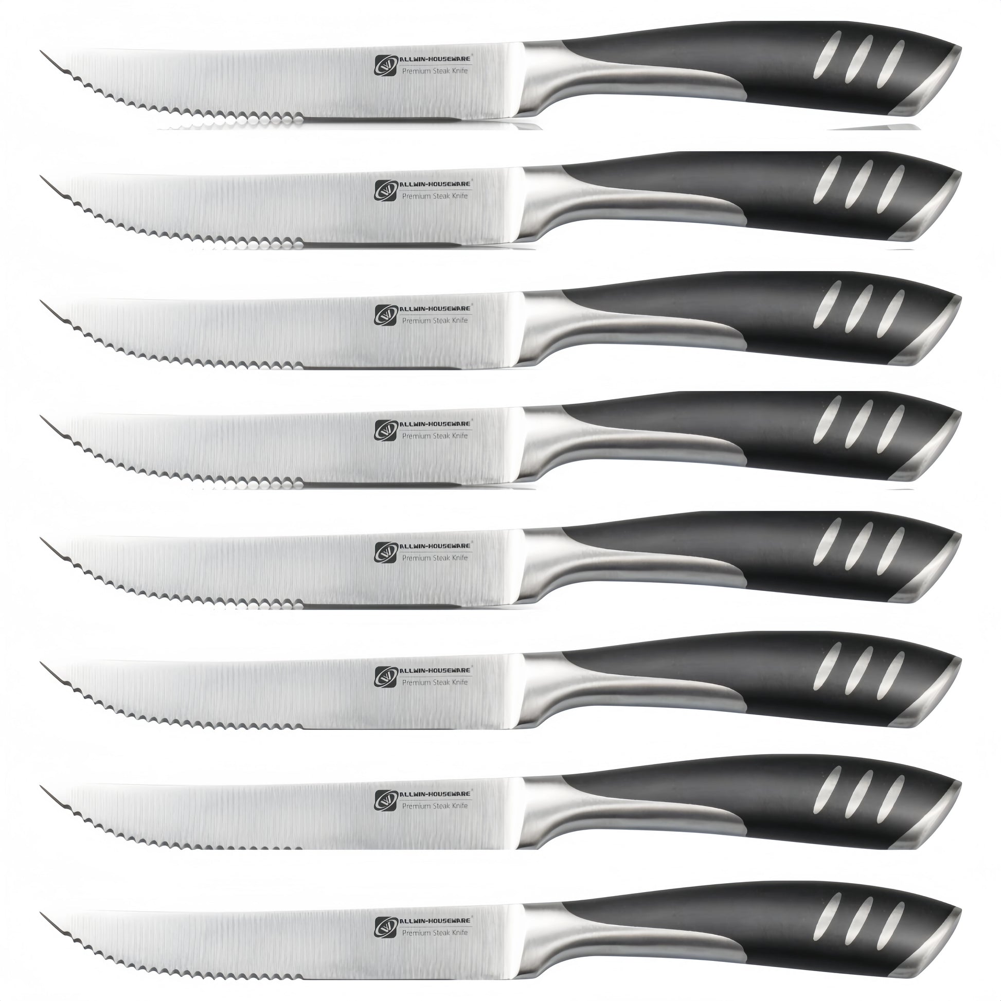 Couteau à steak à pointe fine de 5" – Ensemble de couteaux à steak tranchants, lame forgée en acier inoxydable à haute teneur en carbone, manche ergonomique en plastique noir pour la découpe.