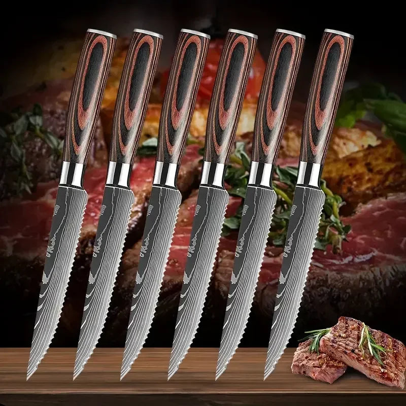 Ensemble de couteaux à steak en acier inoxydable Damas, couteau à découper la viande type couperet, parfait pour les restaurants occidentaux et les repas.