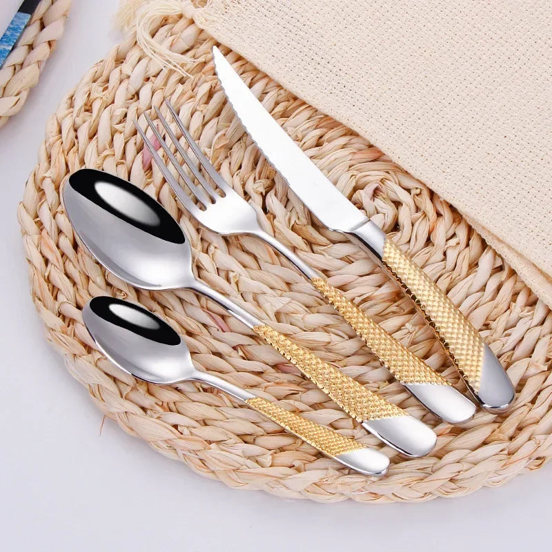 Ensemble de couverts dorés en acier inoxydable – Fourchette, cuillère, couteau – Service de table complet pour la cuisine