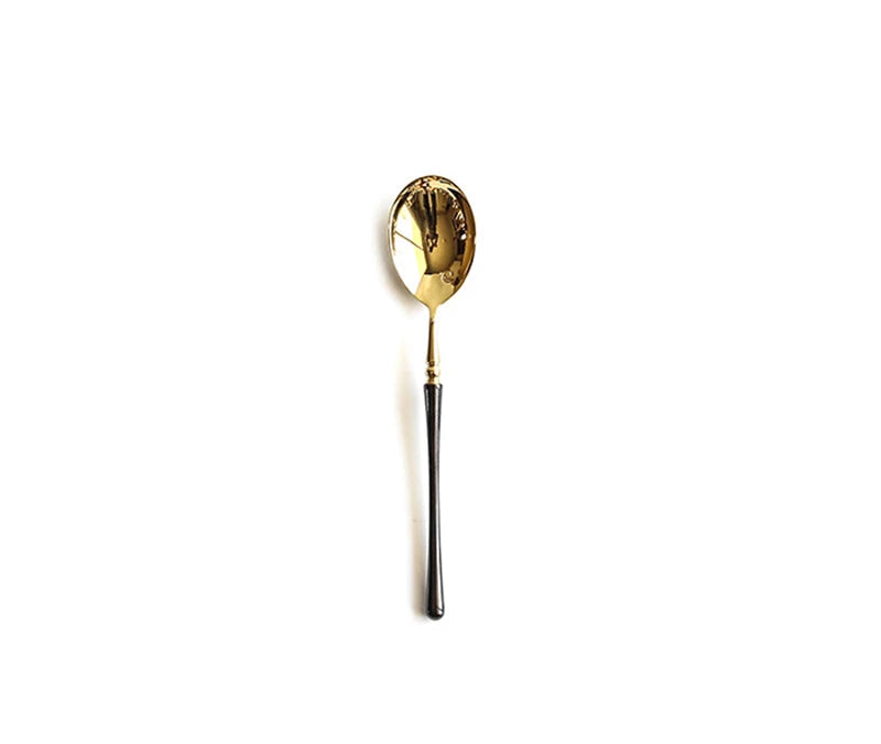 Couverts de cuisine en acier inoxydable doré , ensemble de couverts pour steak, café, dessert, vaisselle avec manche noir, couteau , fourchette et cuillère