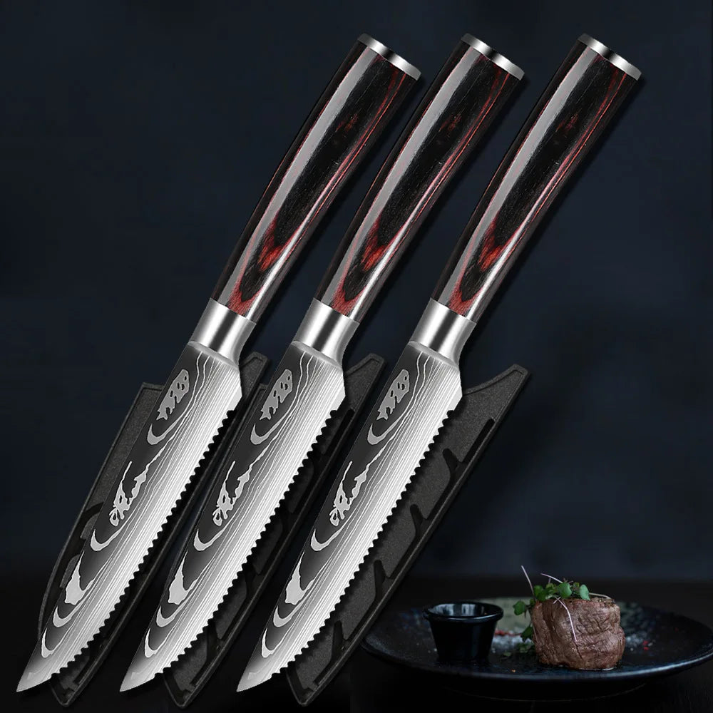 Ensemble de couteaux à steak en acier inoxydable Damas, couteau à découper la viande type couperet, parfait pour les restaurants occidentaux et les repas.