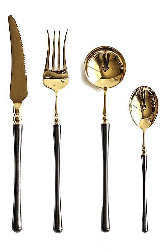 Couverts de cuisine en acier inoxydable doré , ensemble de couverts pour steak, café, dessert, vaisselle avec manche noir, couteau , fourchette et cuillère