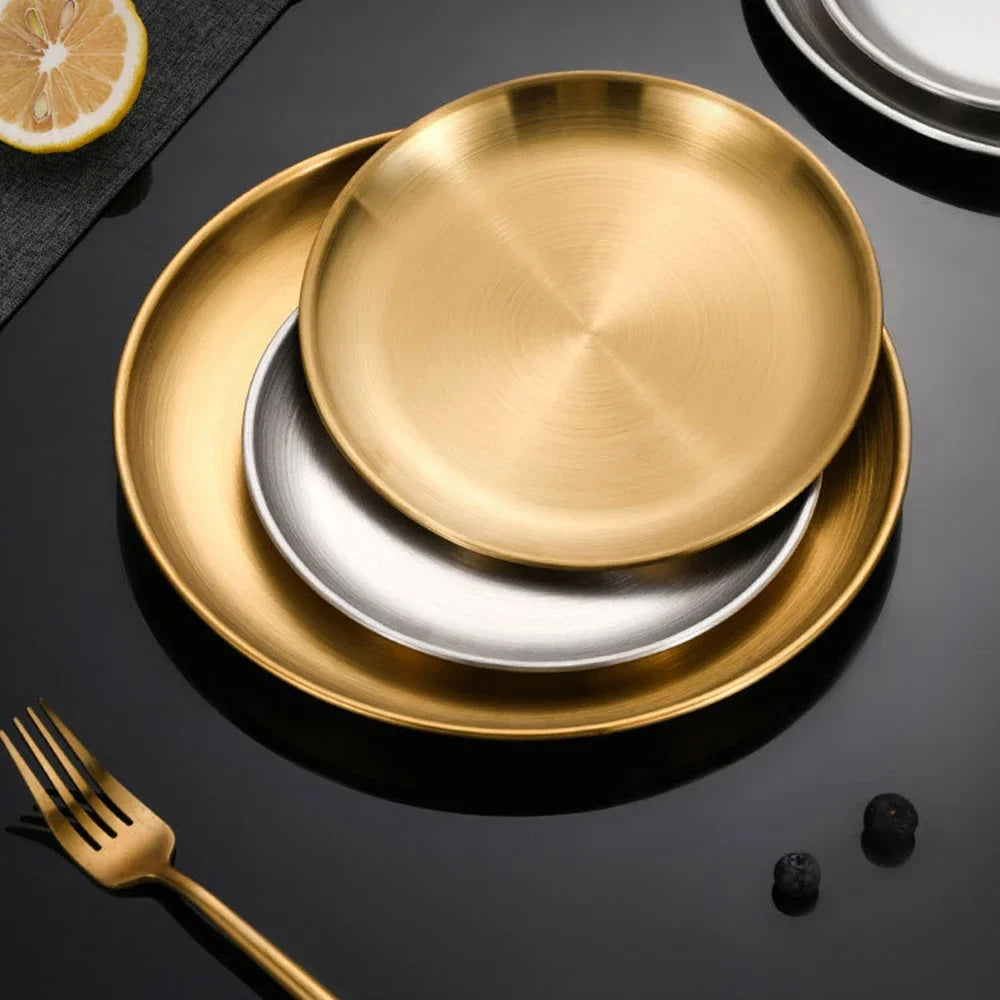 Assiette ronde en acier inoxydable, plateau peu profond, antirouille, idéale pour camping, barbecue, pique-nique, vaisselle et ustensiles de cuisine