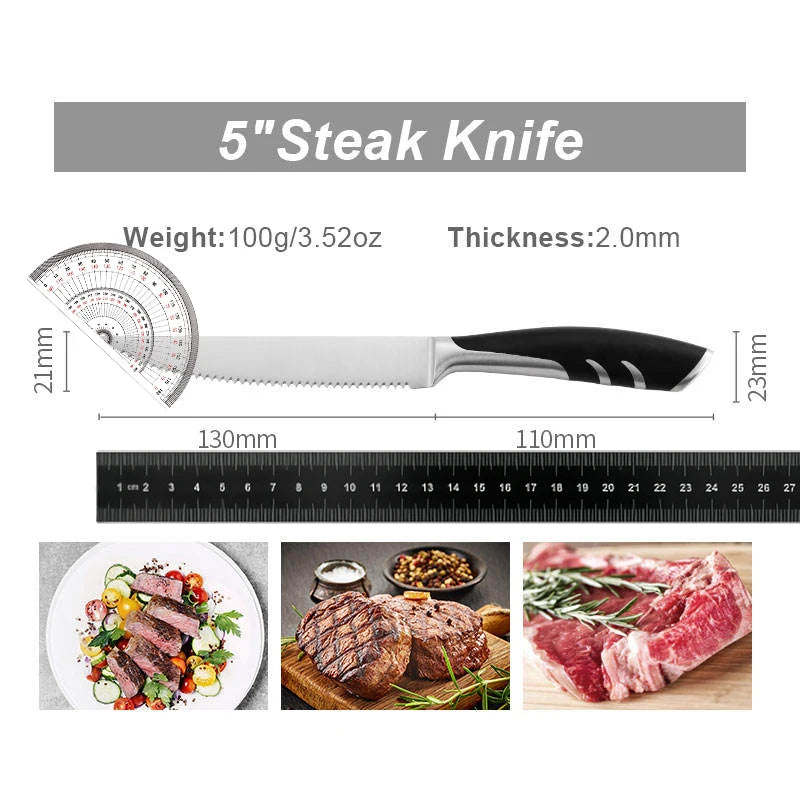 Couteau à steak à pointe fine de 5" – Ensemble de couteaux à steak tranchants, lame forgée en acier inoxydable à haute teneur en carbone, manche ergonomique en plastique noir pour la découpe.
