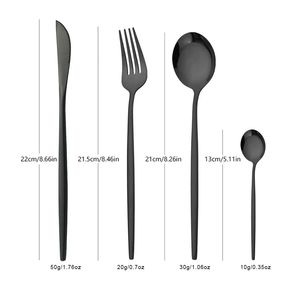 4/6/12/16/24Pcs Set de vaisselle et couverts noirs, comprenant fourchette, couteau, et petite cuillère, ensemble complet pour cuisine en acier inoxydable