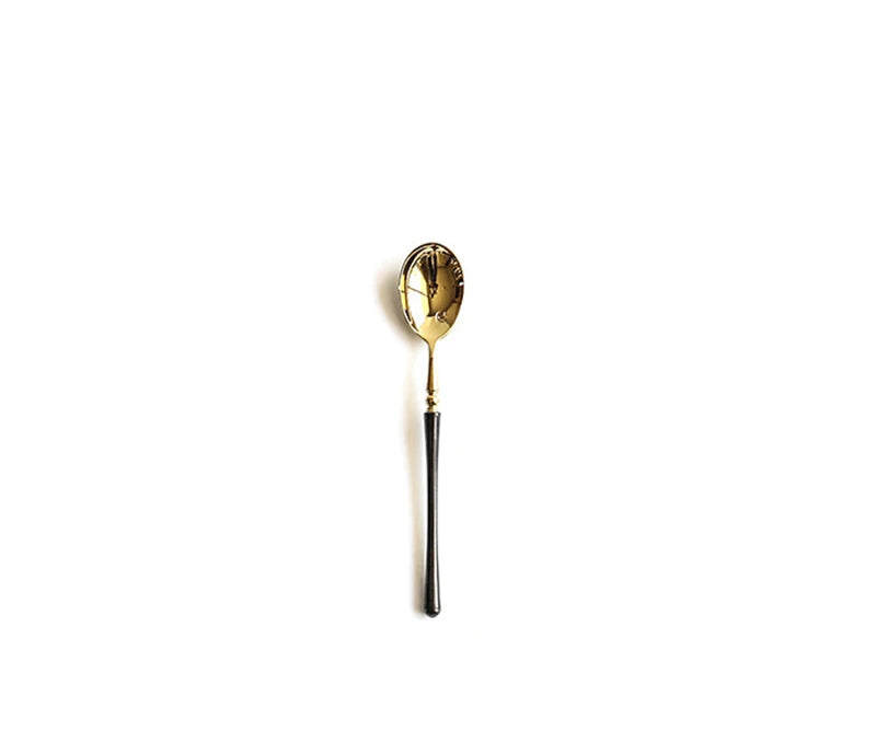 Couverts de cuisine en acier inoxydable doré , ensemble de couverts pour steak, café, dessert, vaisselle avec manche noir, couteau , fourchette et cuillère