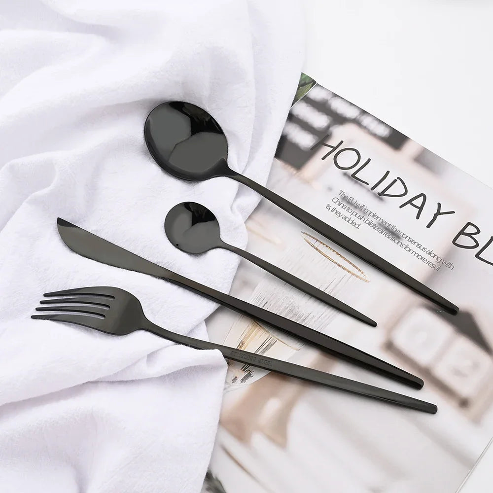 4/6/12/16/24Pcs Set de vaisselle et couverts noirs, comprenant fourchette, couteau, et petite cuillère, ensemble complet pour cuisine en acier inoxydable