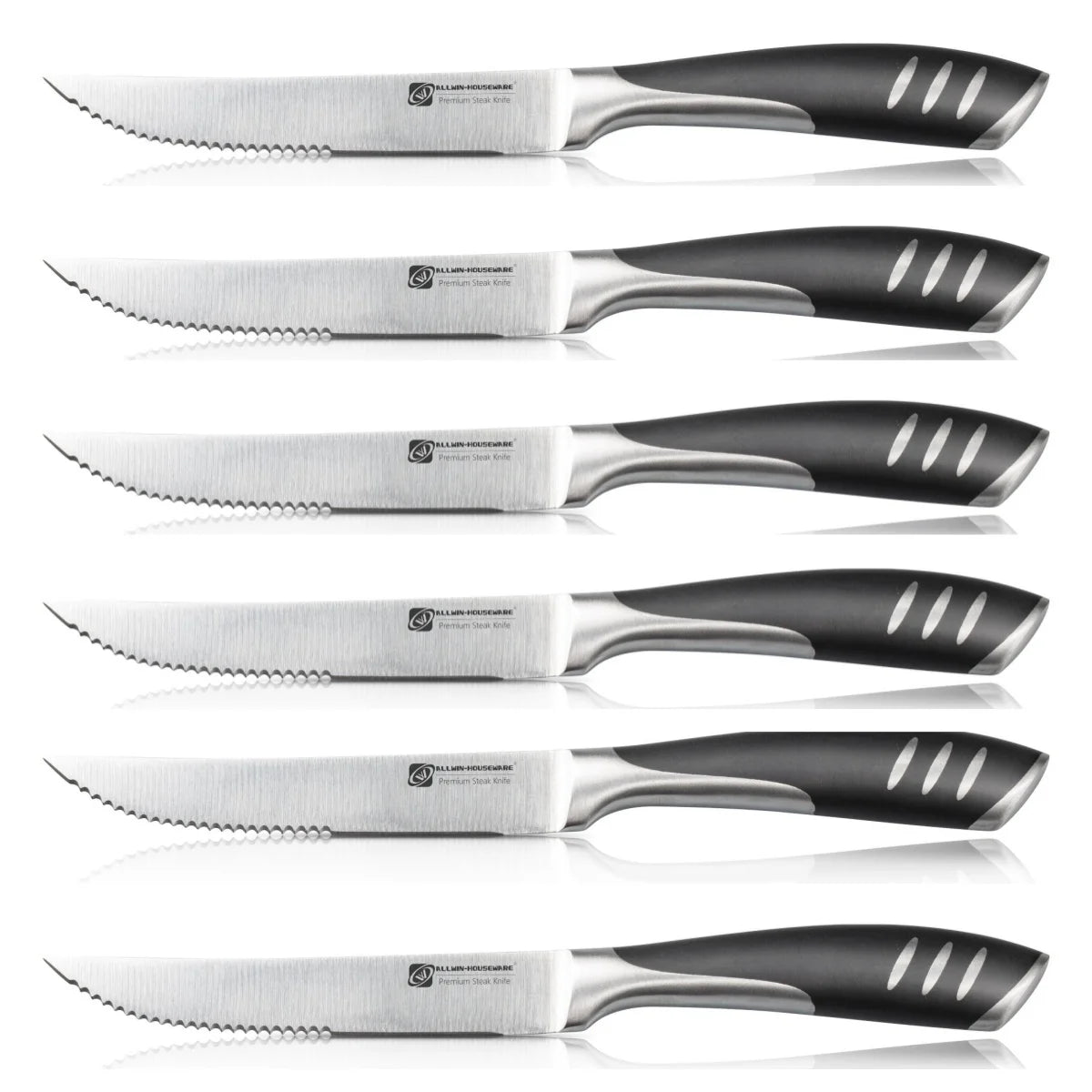Couteau à steak à pointe fine de 5" – Ensemble de couteaux à steak tranchants, lame forgée en acier inoxydable à haute teneur en carbone, manche ergonomique en plastique noir pour la découpe.
