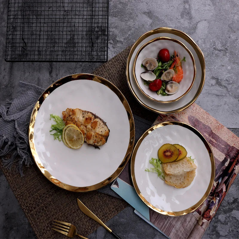 Assiette à steak, assiette à légumes, assiette plate ronde à fruits, assiette à salade, assiette à usage domestique, style européen, en céramique plaquée or.