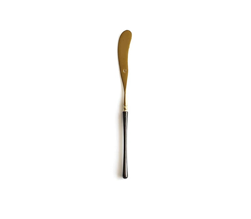 Couverts de cuisine en acier inoxydable doré , ensemble de couverts pour steak, café, dessert, vaisselle avec manche noir, couteau , fourchette et cuillère
