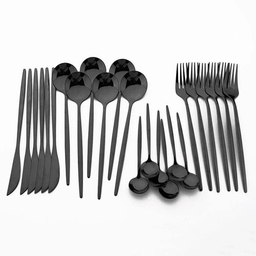 4/6/12/16/24Pcs Set de vaisselle et couverts noirs, comprenant fourchette, couteau, et petite cuillère, ensemble complet pour cuisine en acier inoxydable