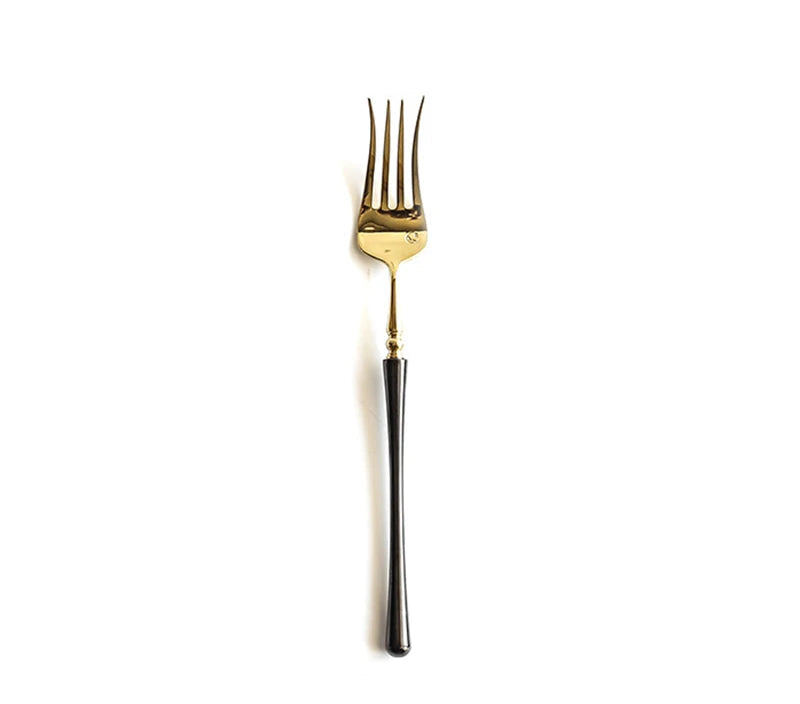 Couverts de cuisine en acier inoxydable doré , ensemble de couverts pour steak, café, dessert, vaisselle avec manche noir, couteau , fourchette et cuillère