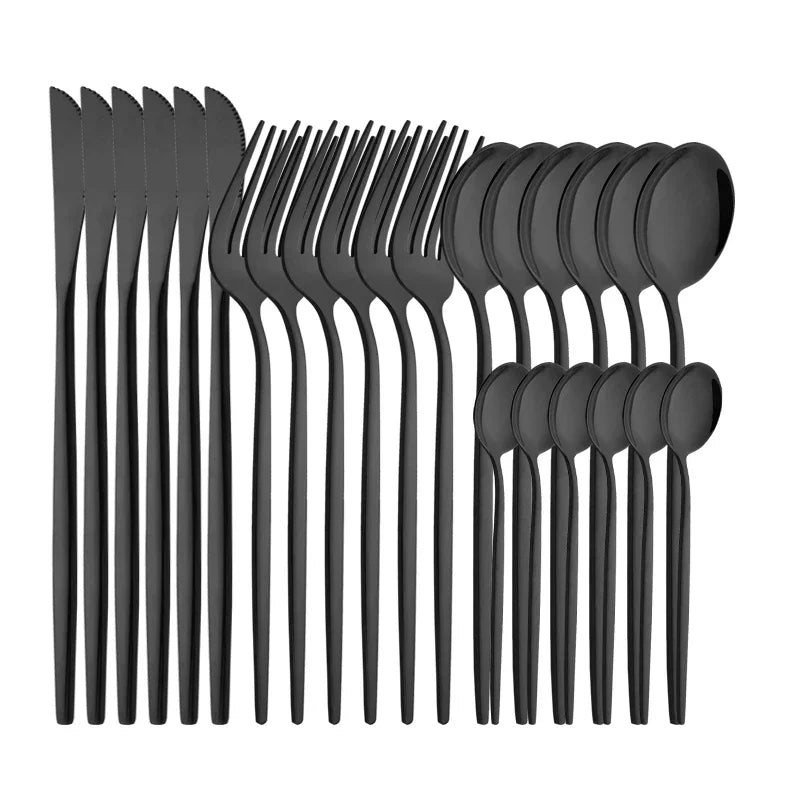 4/6/12/16/24Pcs Set de vaisselle et couverts noirs, comprenant fourchette, couteau, et petite cuillère, ensemble complet pour cuisine en acier inoxydable