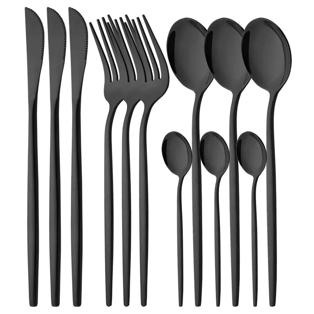 4/6/12/16/24Pcs Set de vaisselle et couverts noirs, comprenant fourchette, couteau, et petite cuillère, ensemble complet pour cuisine en acier inoxydable