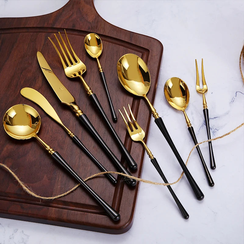 Couverts de cuisine en acier inoxydable doré , ensemble de couverts pour steak, café, dessert, vaisselle avec manche noir, couteau , fourchette et cuillère