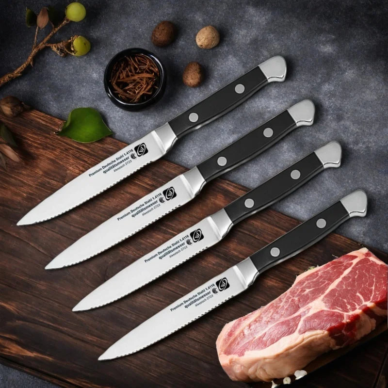 Couteau à steak avec base en bois, manche en acier inoxydable hautement poli, couteau de table haut de gamme de style occidental avec lame dentelée.
