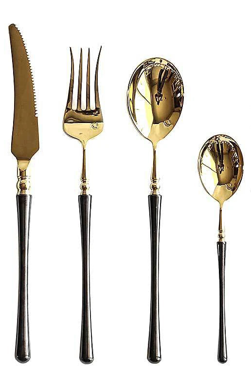 Couverts de cuisine en acier inoxydable doré , ensemble de couverts pour steak, café, dessert, vaisselle avec manche noir, couteau , fourchette et cuillère