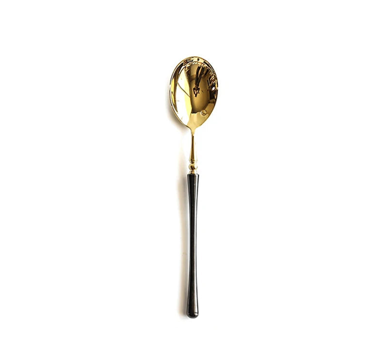 Couverts de cuisine en acier inoxydable doré , ensemble de couverts pour steak, café, dessert, vaisselle avec manche noir, couteau , fourchette et cuillère