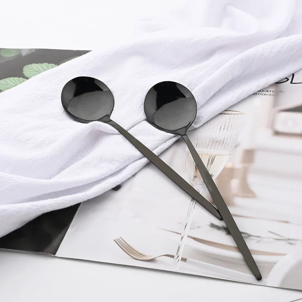 4/6/12/16/24Pcs Set de vaisselle et couverts noirs, comprenant fourchette, couteau, et petite cuillère, ensemble complet pour cuisine en acier inoxydable